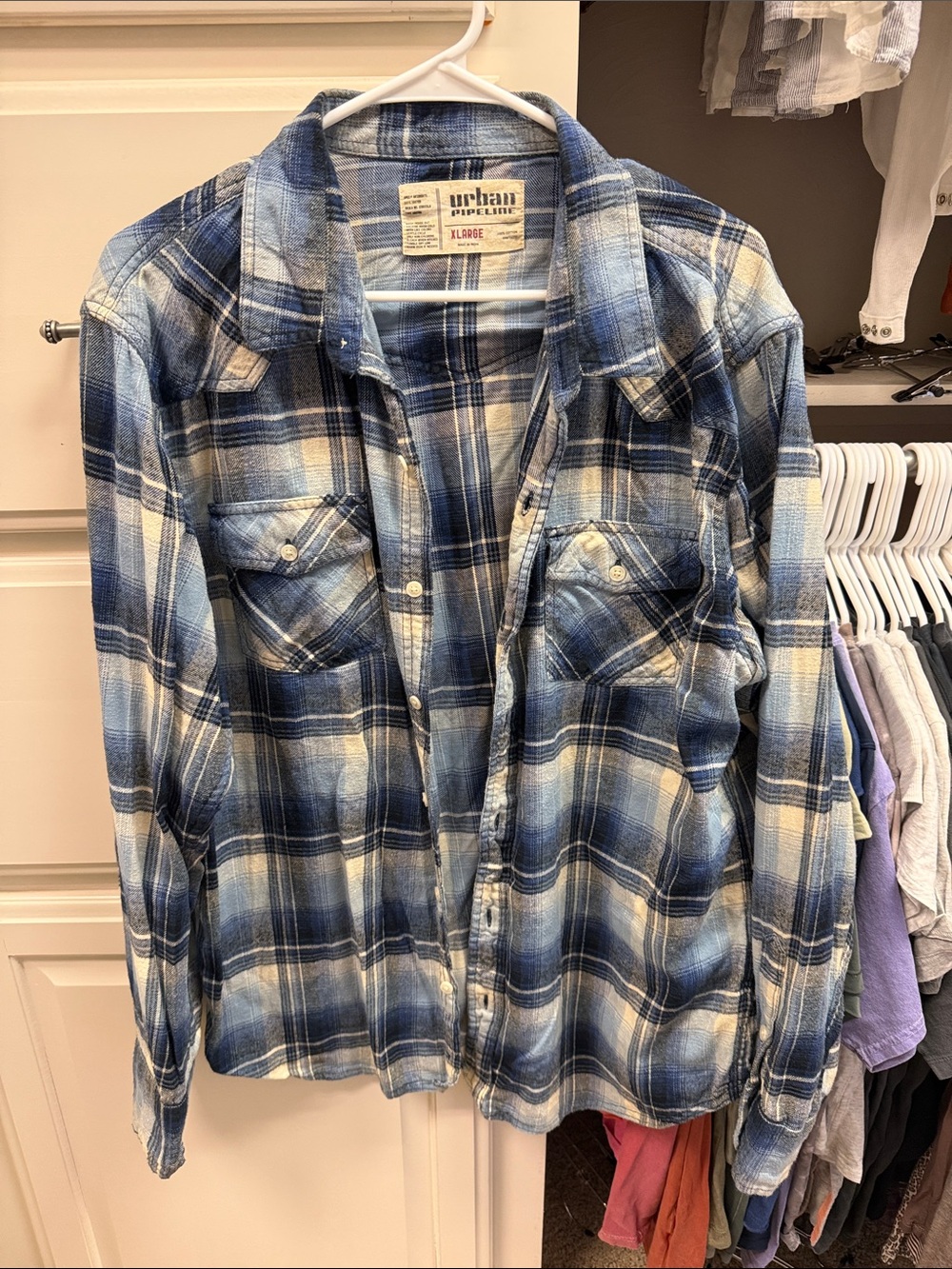 urban pipeline Blue and Cream Plaid Button-Up Shirt